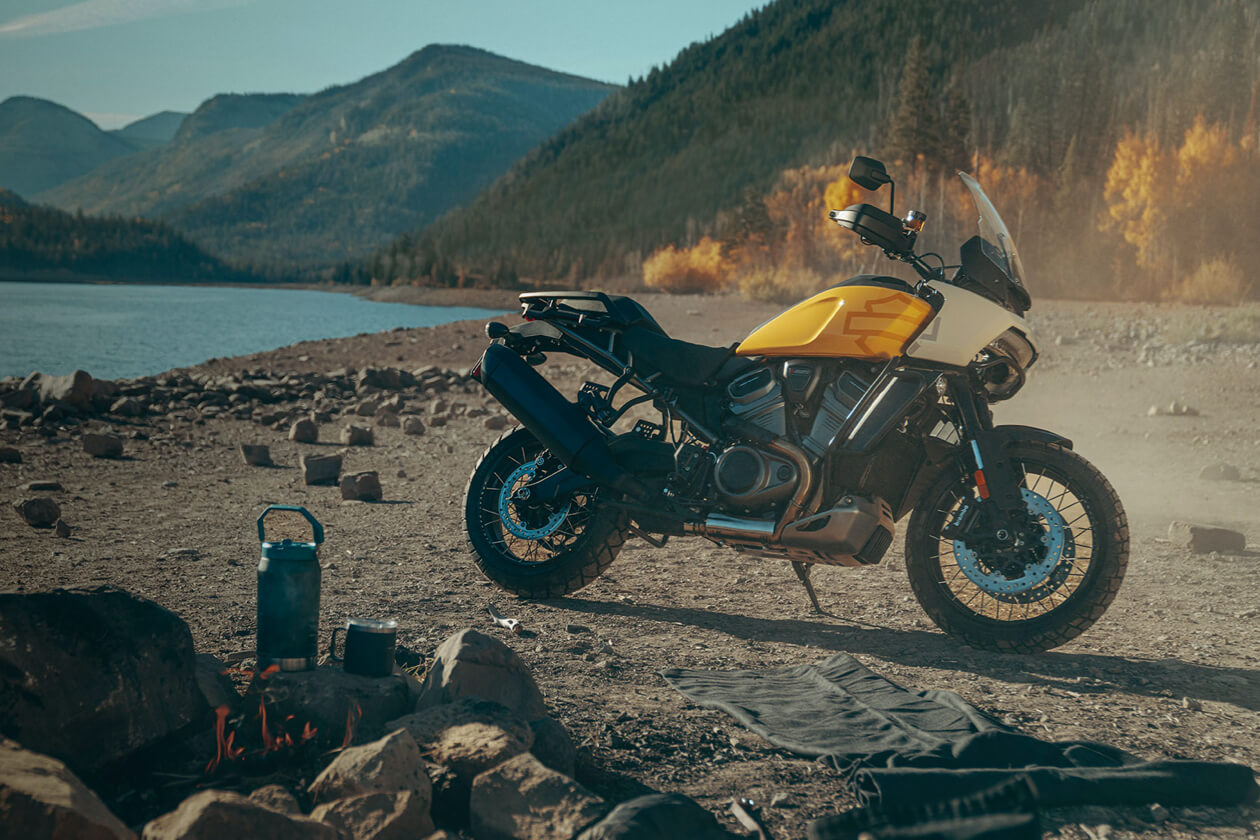 Photograph of a Harley Davison motorbike on a beach